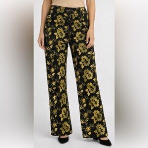 Renfrew Embroidered Black & Gold Floral Wide Leg Pants Vintage Sz S Retro Y2K
